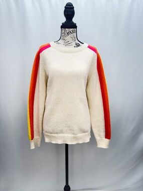 JODIFL Cream Crewneck Sweater with Pink, Orange and Yellow Stripe Sleeves